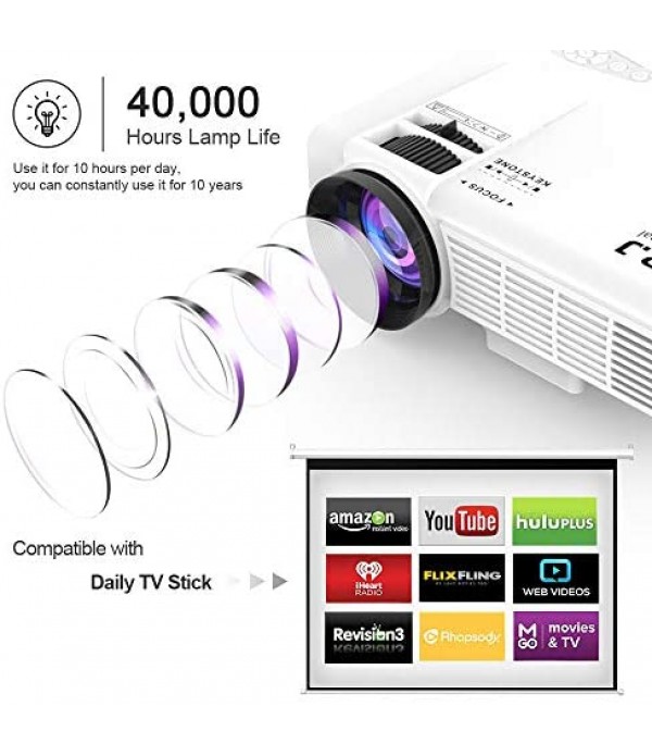 DR. J Professional HI-04 Mini Projector Outdoor Movie Projector with 100Inch Projector Screen, 1080P Supported Compatible with TV Stick, Video Games, HDMI,USB,TF,VGA,AUX,AV [Latest Upgrade]