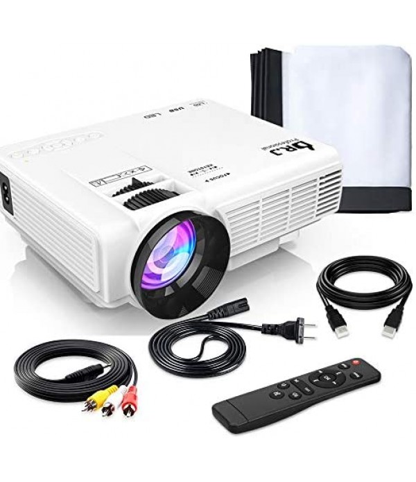 DR. J Professional HI-04 Mini Projector Outdoor Movie Projector with 100Inch Projector Screen, 1080P Supported Compatible with TV Stick, Video Games, HDMI,USB,TF,VGA,AUX,AV [Latest Upgrade]